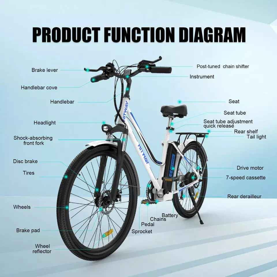 HITWAY BK8 26 Inch Electric Bike 250W E-Bike 36V 12Ah Battery 90km Range 7 Speed