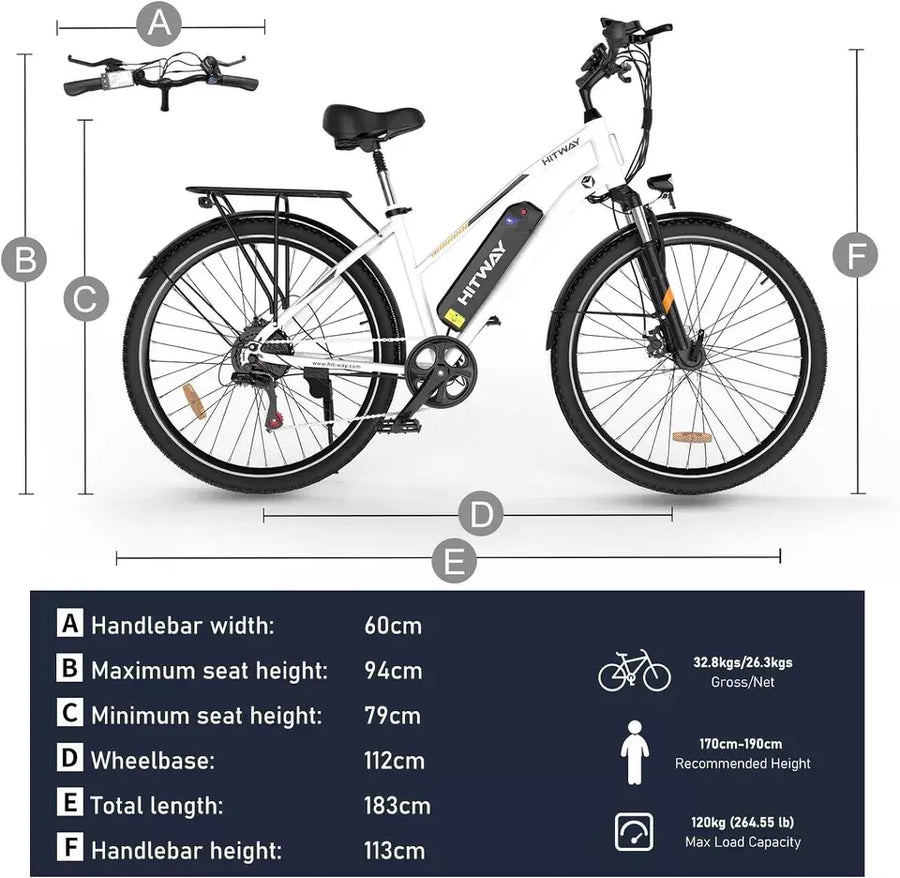 Hitway BK27 Electric Bike 28 Inch City E-Bike 250W 36V 12Ah Battery 90Km Range