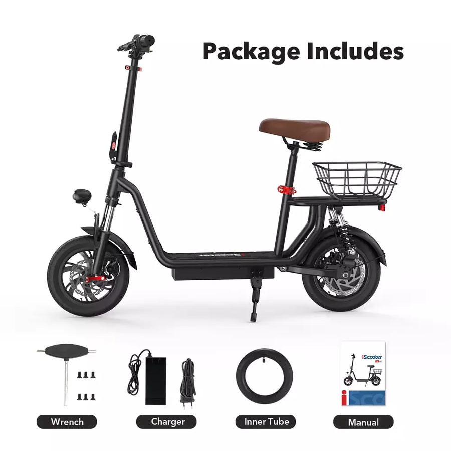 iScooter i12 Electric Scooter Folding 12" 500W 36V 7.5Ah W/Seat+Basket E-SCOOTER