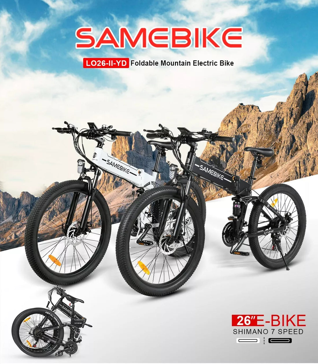 Samebike LO26-II 26" Electric Bike 90OW 48V 14AH Folding E-BIKE E-MTB LG Battery