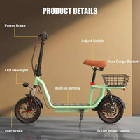 iScooter i12 Electric Scooter Folding 12" 500W 36V 7.5Ah W/Seat+Basket E-SCOOTER