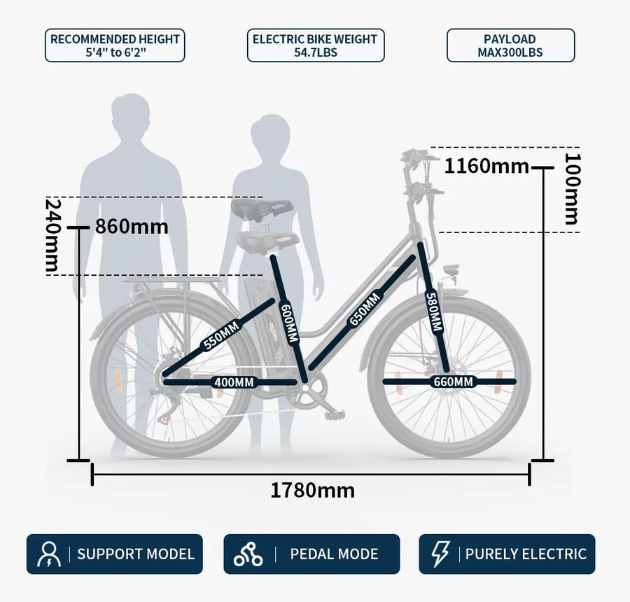 ONESPORT OT18-3 26" Electric Bicycle 250W 36V 14.4AH City Commuter Bike With APP