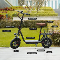 iScooter i12 Electric Scooter Folding 12" 500W 36V 7.5Ah W/Seat+Basket E-SCOOTER