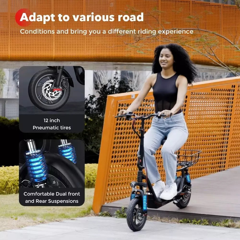 iScooter i12 Electric Scooter Folding 12" 500W 36V 7.5Ah W/Seat+Basket E-SCOOTER