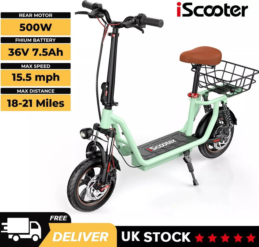 iScooter i12 Electric Scooter Folding 12" 500W 36V 7.5Ah W/Seat+Basket E-SCOOTER