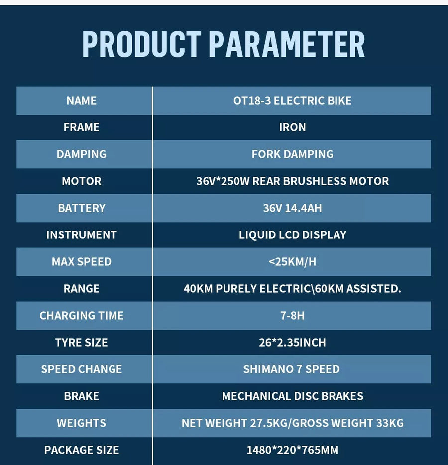 ONESPORT OT18-3 26" Electric Bicycle 250W 36V 14.4AH City Commuter Bike With APP
