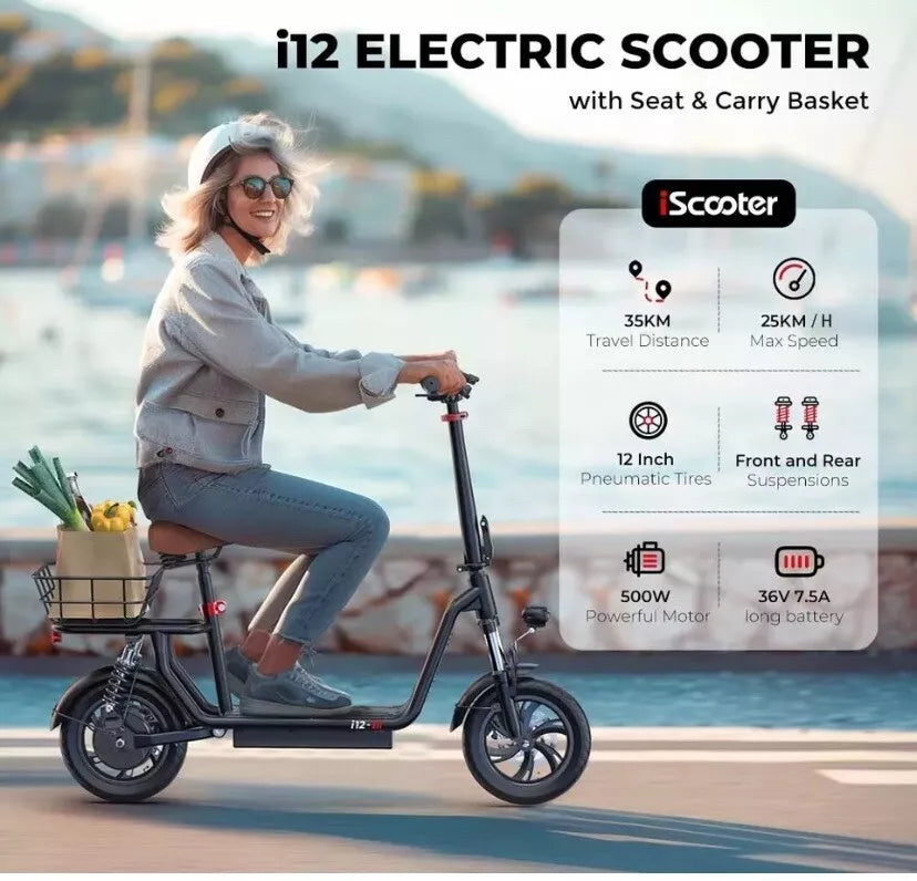 iScooter i12 Electric Scooter Folding 12" 500W 7.5 Ah W/ Seat+Rear Basket 25km/h