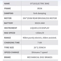 ONESPORT Electric Bike 250W City Bicycle 25KM/H Fat Tire E-bike OT18-2/OT16-2 UK