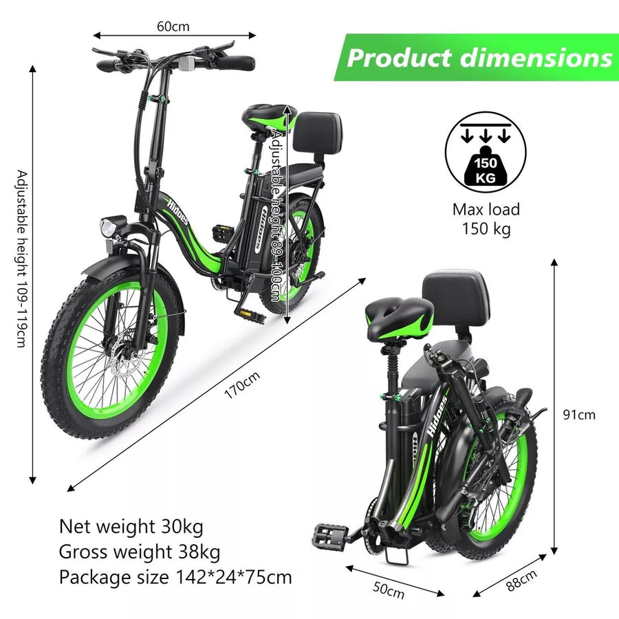 NEW Hidoes 20" Folding Electric Bike 75OW Motor 13AH Fat Tire E-Bike For Adults